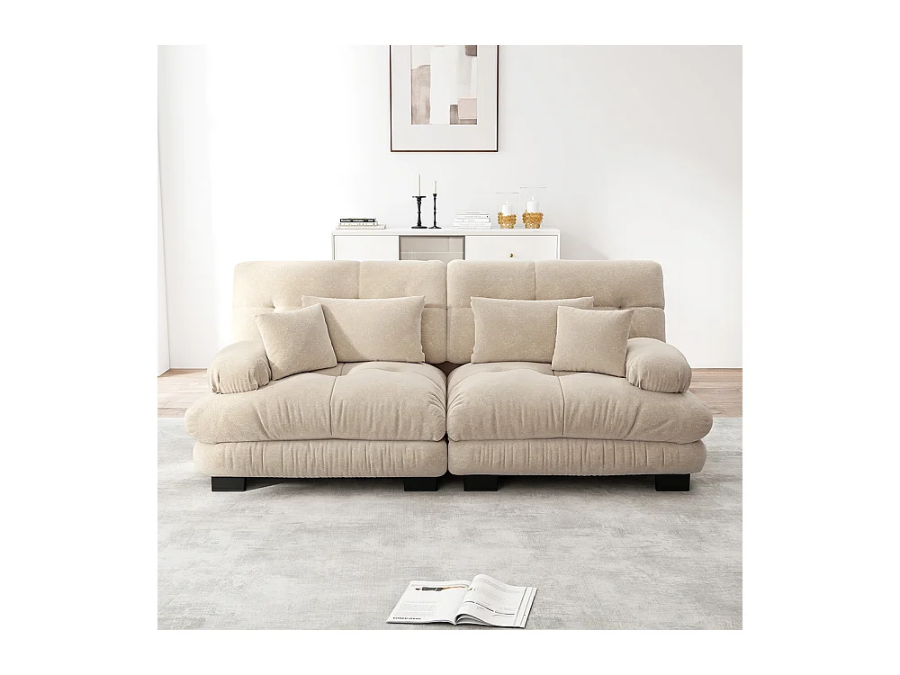 Canapé d'angle Cloud, chenille, avec 2 coussins lombaires et 2 coussins décoratifs, structure en bois massif, beige