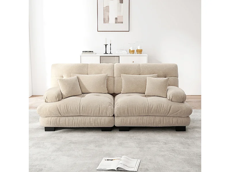 Canapé d'angle Cloud, chenille, avec 2 coussins lombaires et 2 coussins décoratifs, structure en bois massif, beige