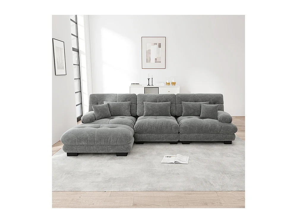 Canapé extra-large en L, adapté au salon, avec repose-pieds, velours côtelé, gris