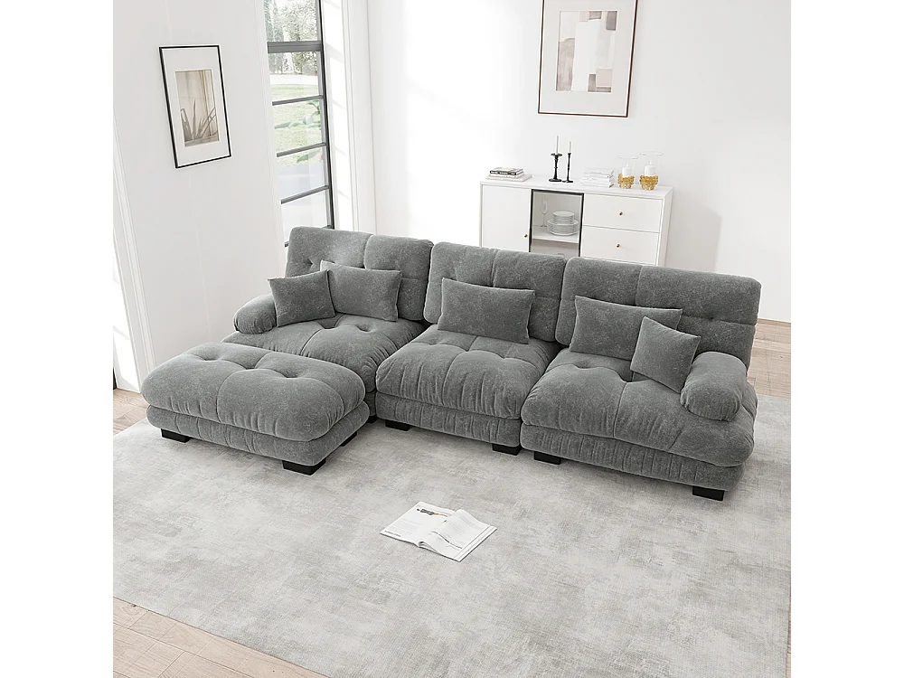 Canapé extra-large en L, adapté au salon, avec repose-pieds, velours côtelé, gris
