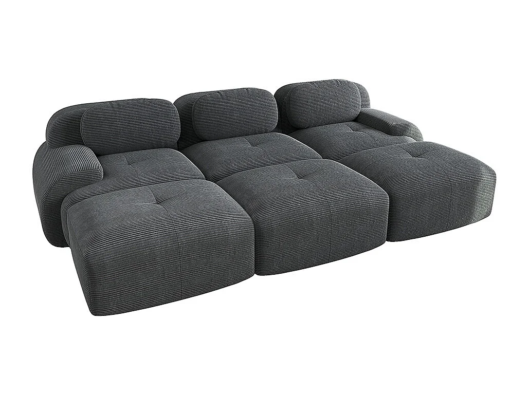 Modulaire driezitsbank met drie voetensteunen van corduroy, extra brede armleuningen, veerkrachtige 32D-vulling, grijs.