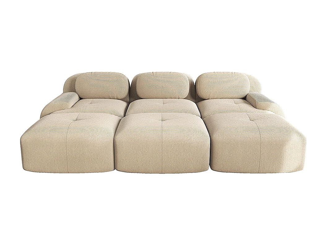 Modulaire driezitsbank met drie voetensteunen van corduroy, extra brede armleuningen, veerkrachtige 32D-vulling, beige.