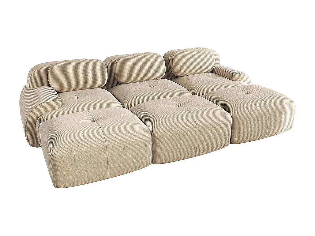 Modulaire driezitsbank met drie voetensteunen van corduroy, extra brede armleuningen, veerkrachtige 32D-vulling, beige.