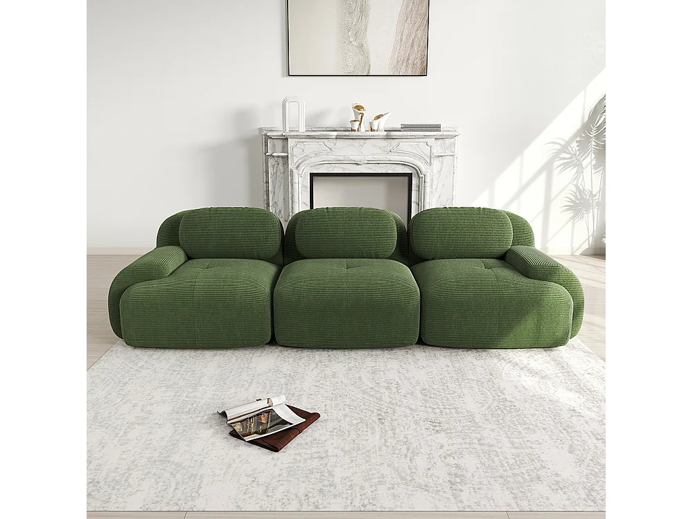 Canapé trois places, tissu velours côtelé, configuration modulaire, antidérapant, vert.