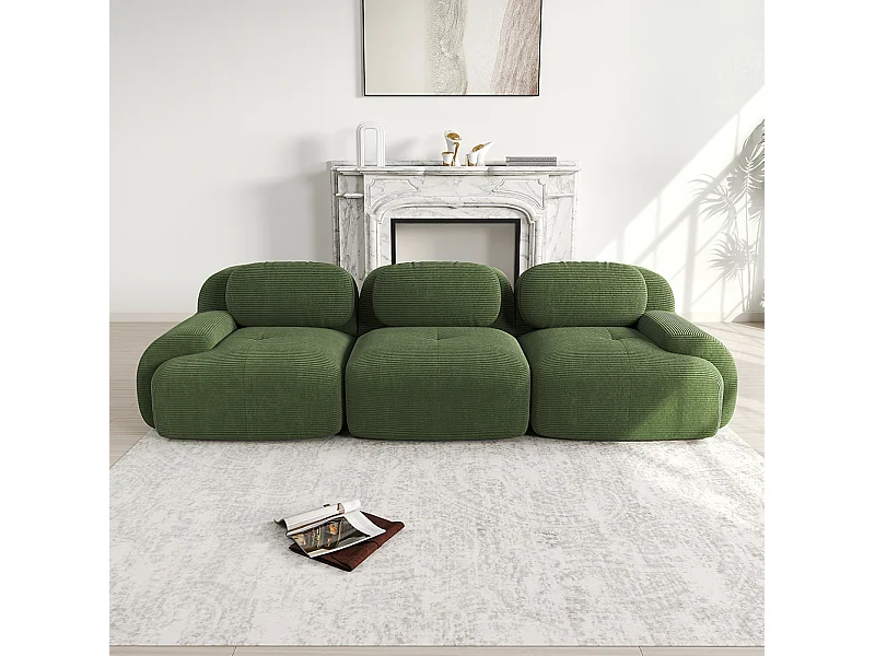 Driezitsbank, geribbeld fluweel, modulaire opstelling, antislip, groen.