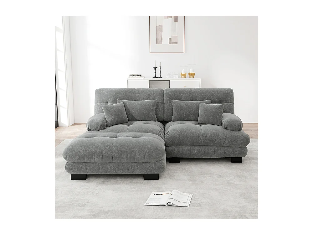 Canapé d'angle Cloud, chenille, deux places, avec 2 coussins lombaires et 2 coussins décoratifs, accoudoirs larges et repose-pieds, gris