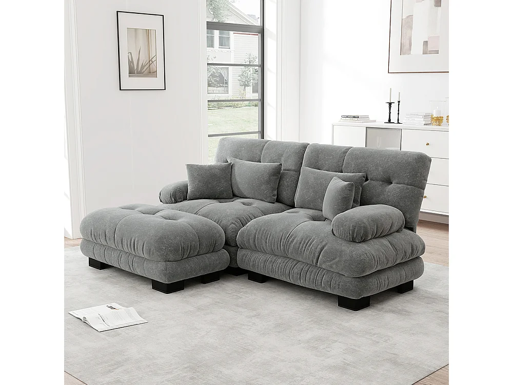 Canapé d'angle Cloud, chenille, deux places, avec 2 coussins lombaires et 2 coussins décoratifs, accoudoirs larges et repose-pieds, gris