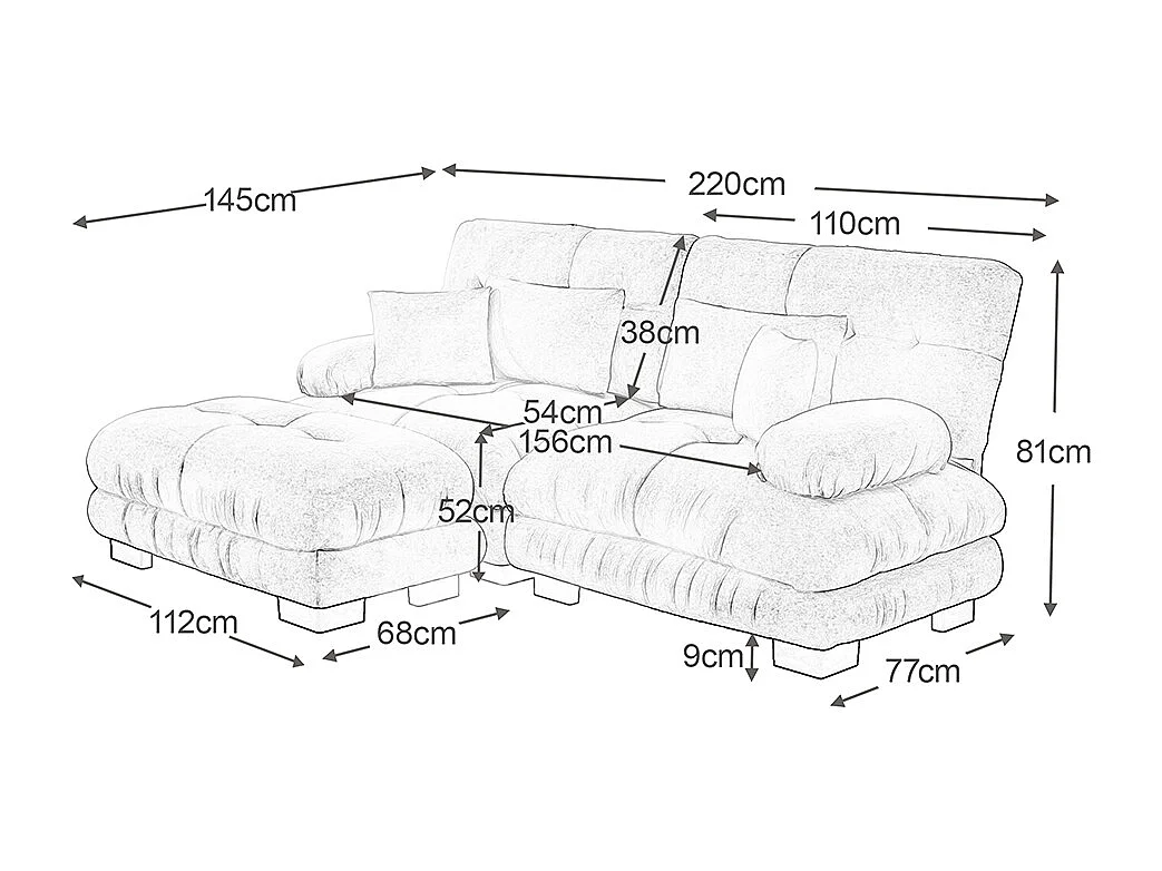 Canapé d'angle Cloud, chenille, deux places, avec 2 coussins lombaires et 2 coussins décoratifs, accoudoirs larges et repose-pieds, gris