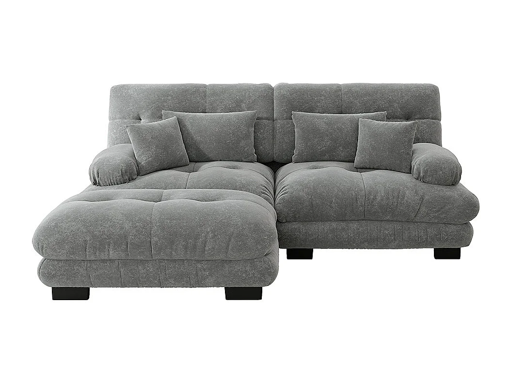 Canapé d'angle Cloud, chenille, deux places, avec 2 coussins lombaires et 2 coussins décoratifs, accoudoirs larges et repose-pieds, gris