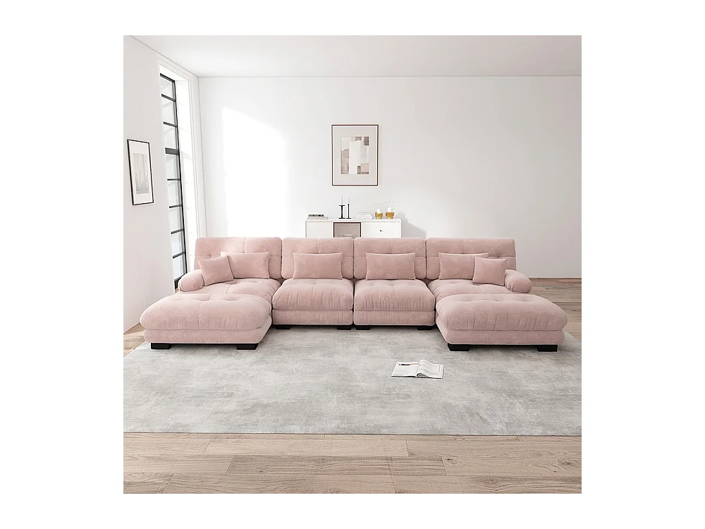 Canapé d'angle modulaire, en forme de U, quatre places, avec repose-pieds amovible, tissu chenille, rose