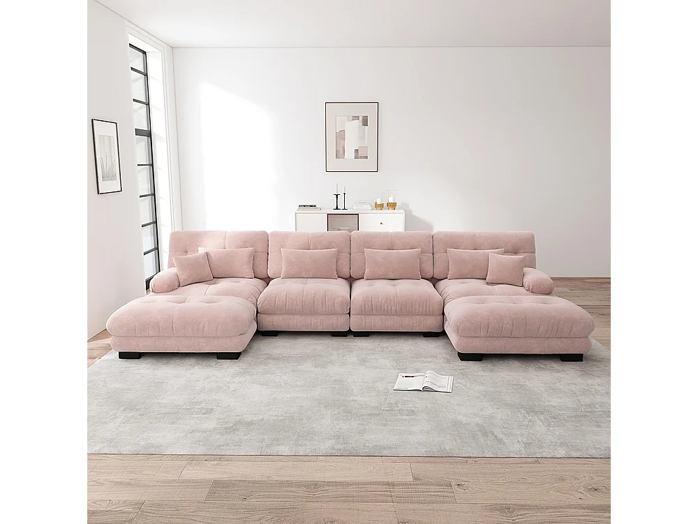 Canapé d'angle modulaire, en forme de U, quatre places, avec repose-pieds amovible, tissu chenille, rose
