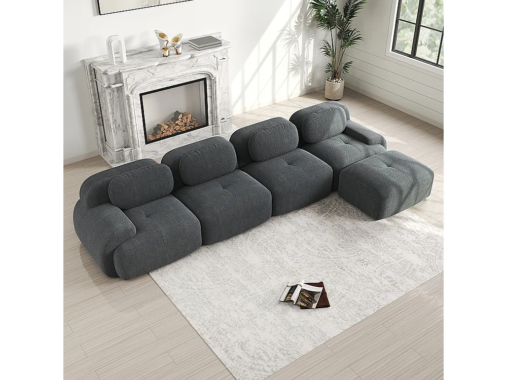 Canapé quatre places, rembourrage en mousse haute résilience 32D, accoudoirs extra-larges, configuration modulaire, gris.