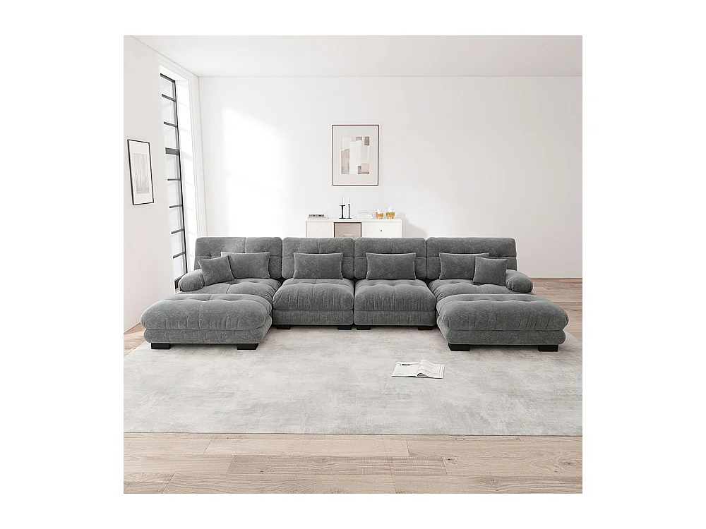 Canapé d'angle modulaire, en forme de U, quatre places, avec repose-pieds amovible, tissu chenille, gris