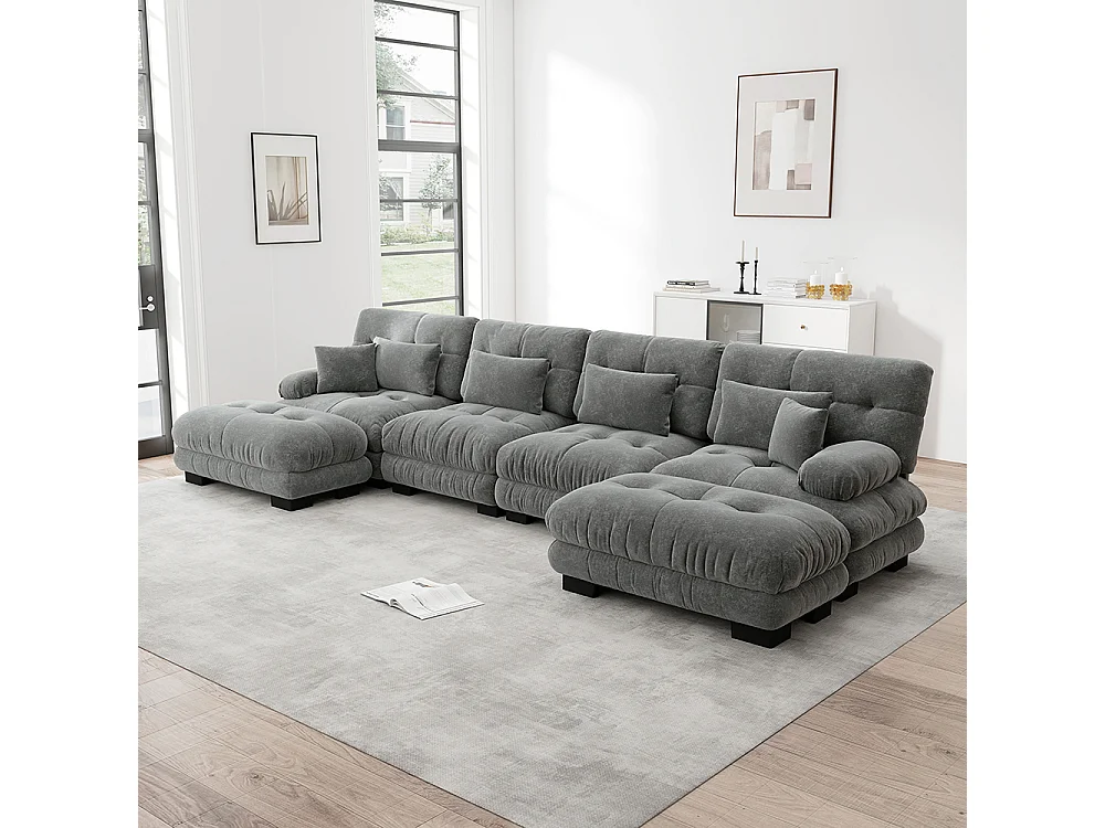 Canapé d'angle modulaire, en forme de U, quatre places, avec repose-pieds amovible, tissu chenille, gris