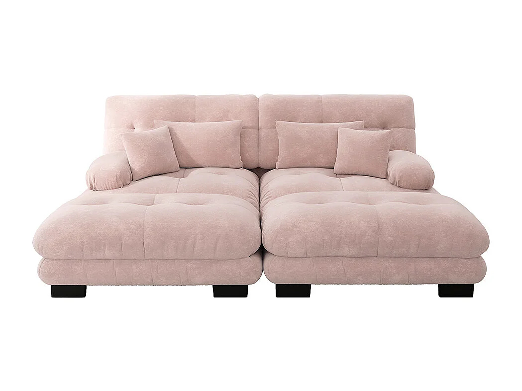 Tweezitsbank in chenille, twee lendenkussens en twee sierkussens, brede armleuningen en twee voetensteunen, bekleding in roze stof.