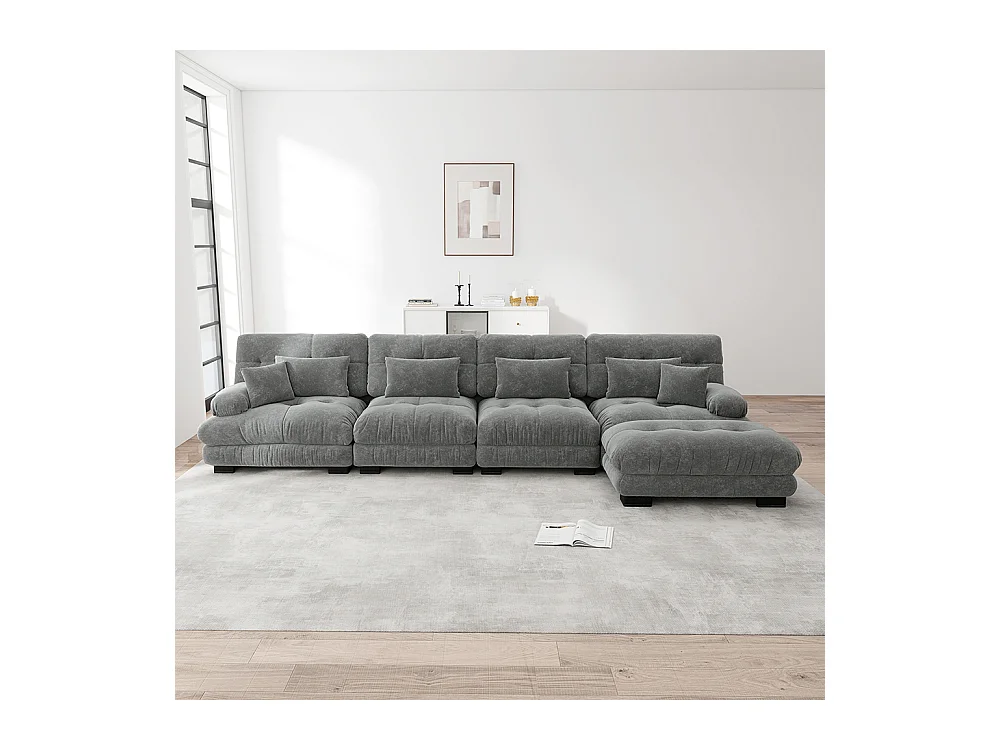 Canapé d'angle modulable, quatre places, avec repose-pieds amovible, tissu chenille, gris
