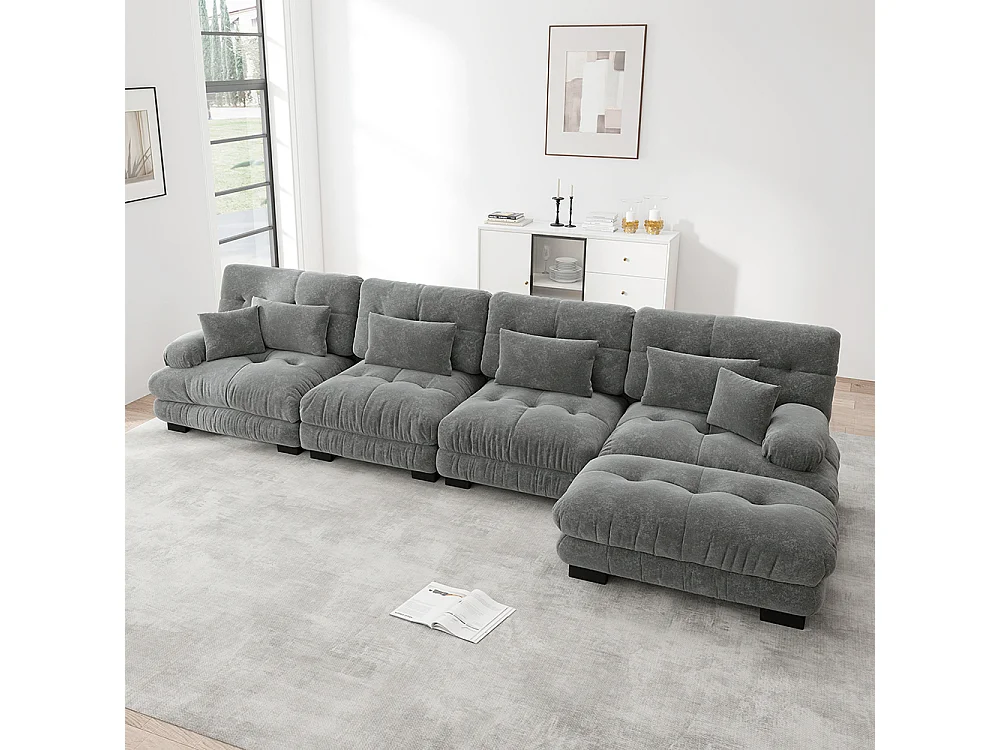 Canapé d'angle modulable, quatre places, avec repose-pieds amovible, tissu chenille, gris