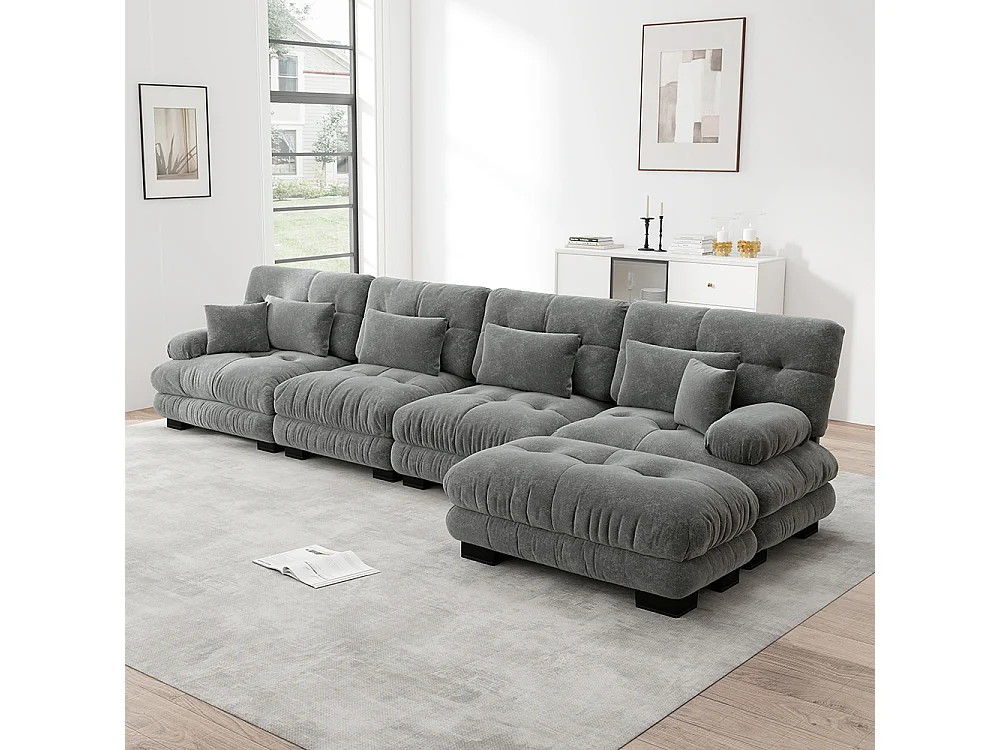 Canapé d'angle modulable, quatre places, avec repose-pieds amovible, tissu chenille, gris