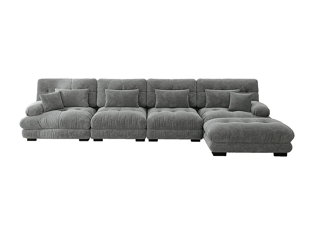 Canapé d'angle modulable, quatre places, avec repose-pieds amovible, tissu chenille, gris