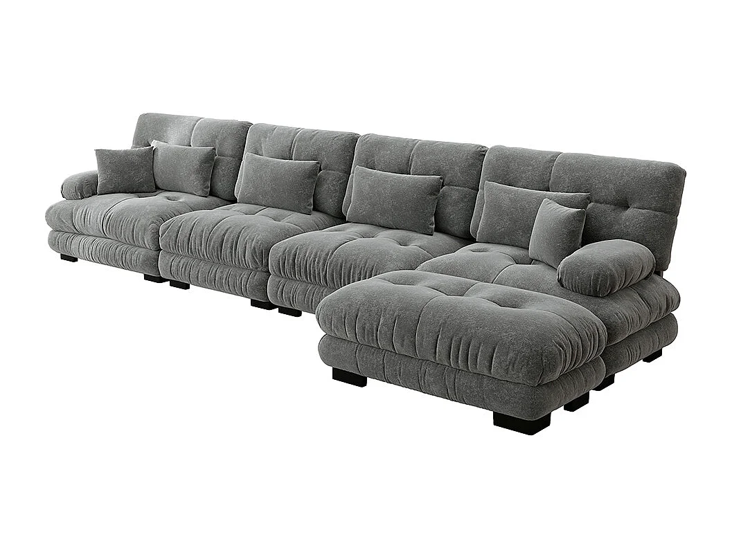 Canapé d'angle modulable, quatre places, avec repose-pieds amovible, tissu chenille, gris