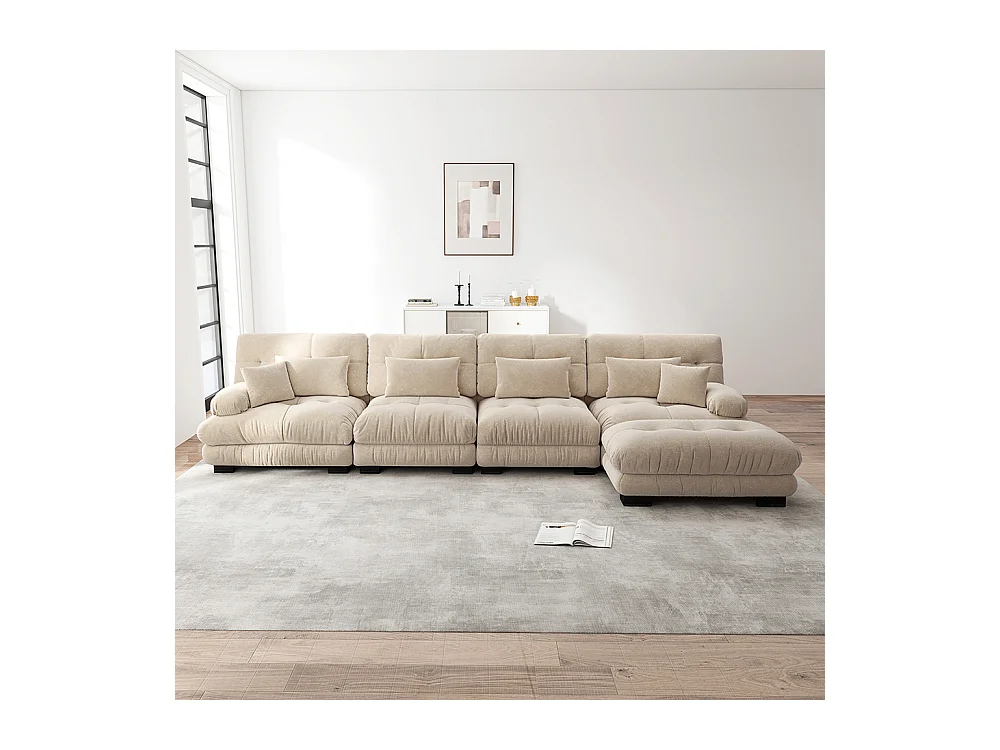 Canapé d'angle modulable, quatre places, avec repose-pieds amovible, tissu chenille, beige