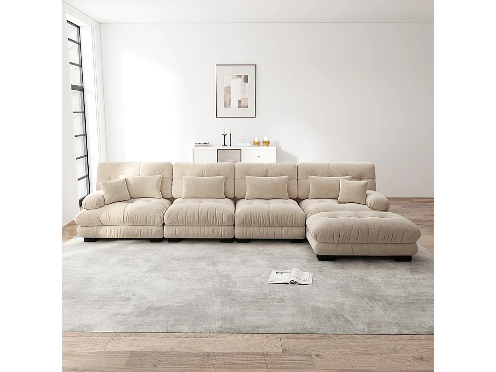 Canapé d'angle modulable, quatre places, avec repose-pieds amovible, tissu chenille, beige