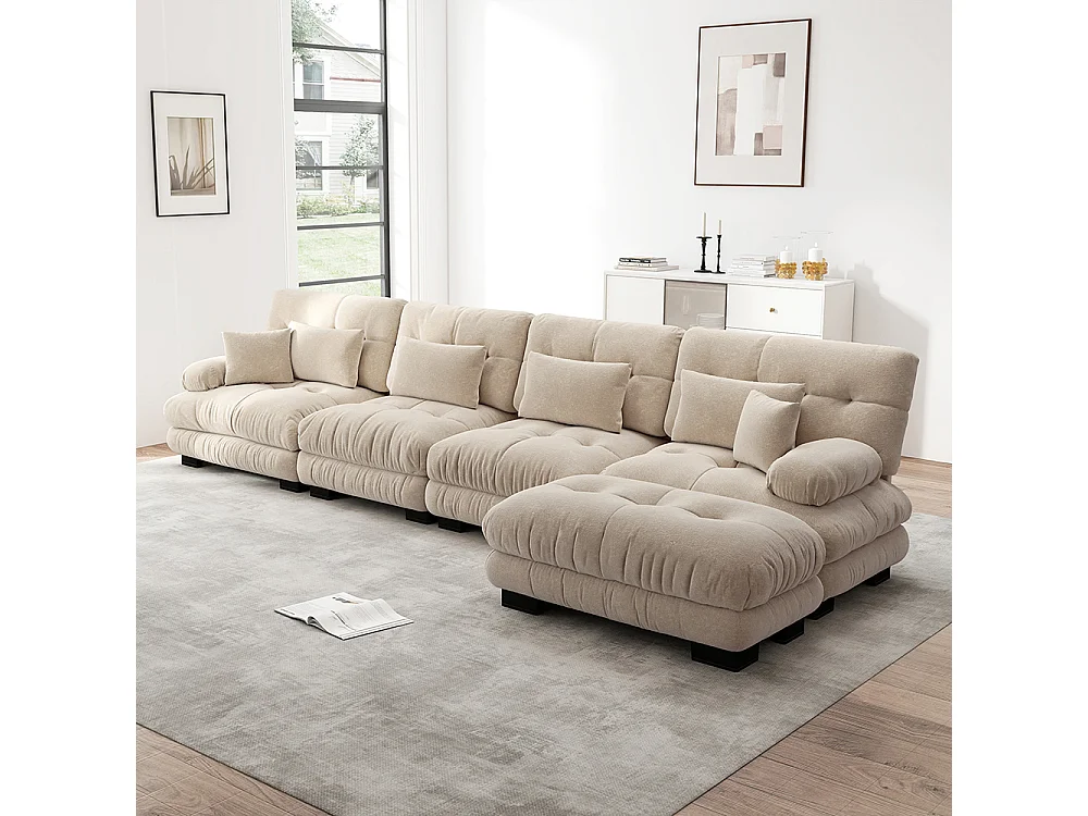 Canapé d'angle modulable, quatre places, avec repose-pieds amovible, tissu chenille, beige
