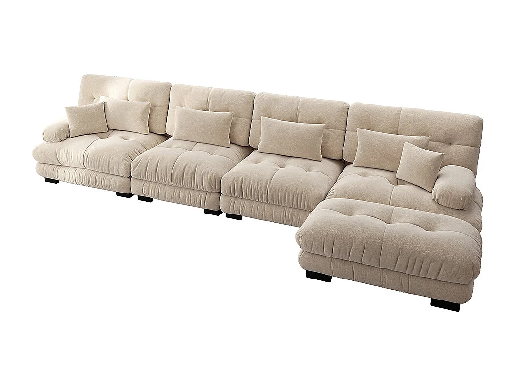 Canapé d'angle modulable, quatre places, avec repose-pieds amovible, tissu chenille, beige