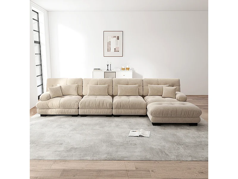 Canapé d'angle modulable, quatre places, avec repose-pieds amovible, tissu chenille, beige