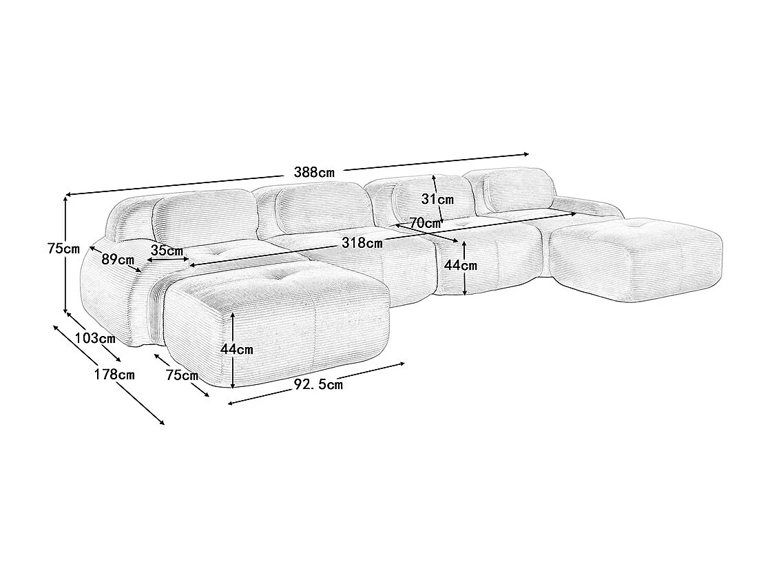 U-vormige bank, ademend geribbeld fluweel, vulling met hoge veerkracht 32D, extra brede armleuningen, ergonomisch ontwerp, beige.