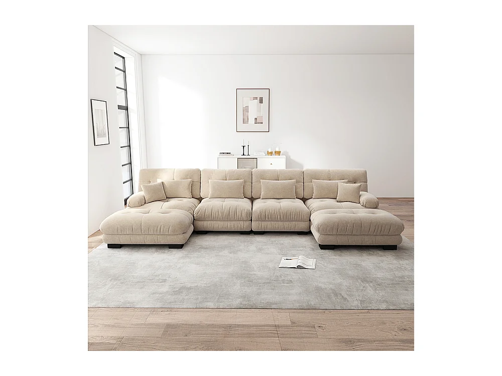 Canapé d'angle modulaire, en forme de U, quatre places, avec repose-pieds amovible, tissu chenille, beige