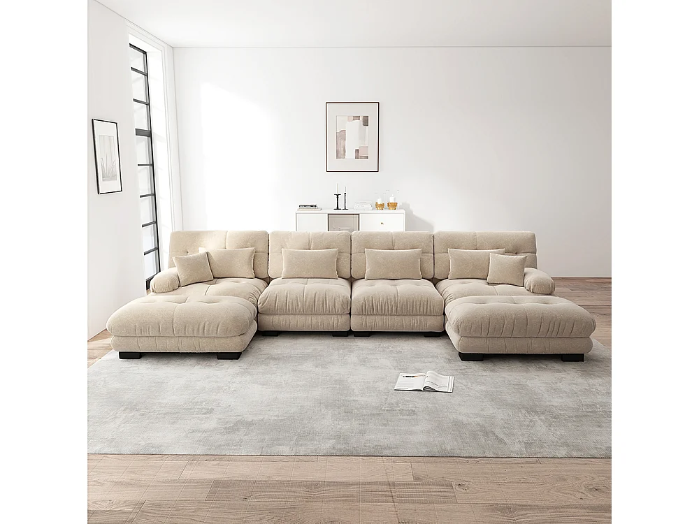 Sofá modular esquinero, en forma de U, cuatro plazas, con reposapiés extraíble, tejido chenilla, beige