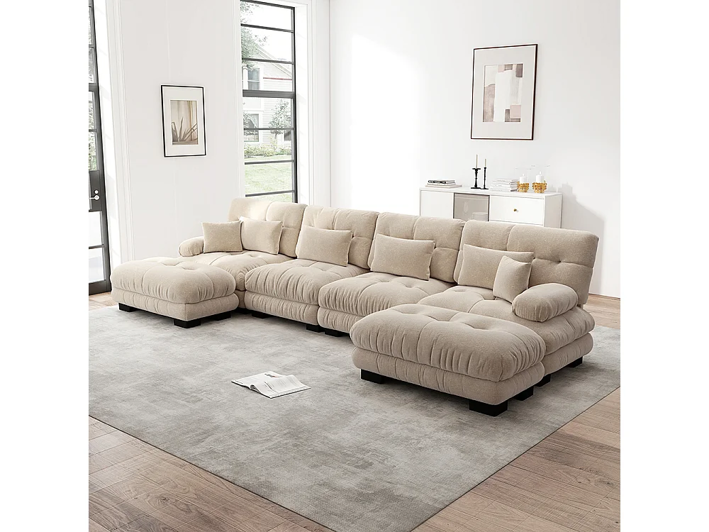 Sofá modular esquinero, en forma de U, cuatro plazas, con reposapiés extraíble, tejido chenilla, beige