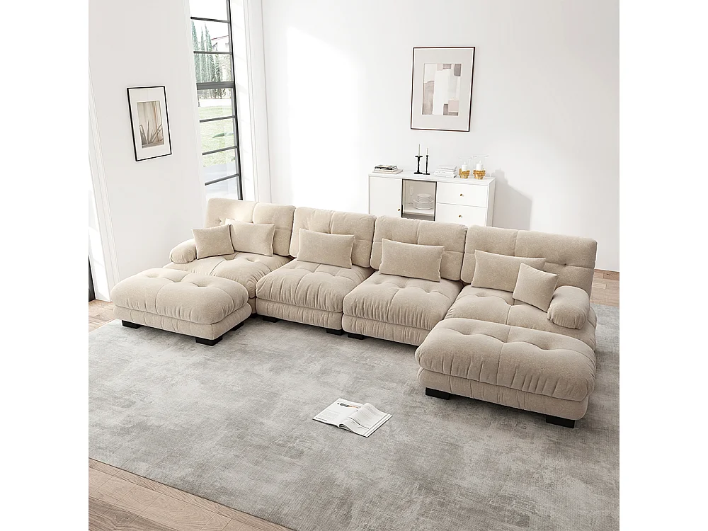 Sofá modular esquinero, en forma de U, cuatro plazas, con reposapiés extraíble, tejido chenilla, beige