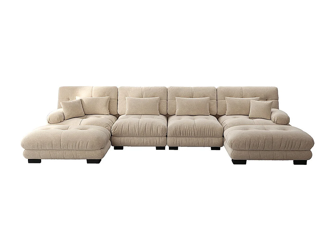Sofá modular esquinero, en forma de U, cuatro plazas, con reposapiés extraíble, tejido chenilla, beige