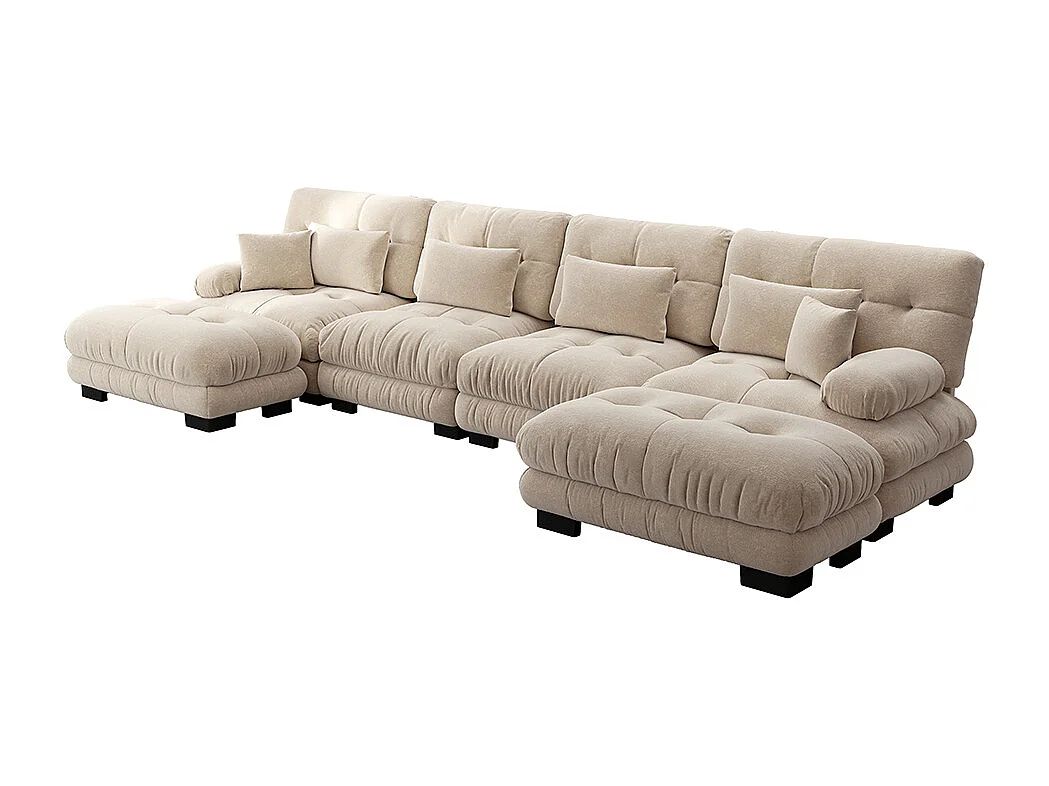 Sofá modular esquinero, en forma de U, cuatro plazas, con reposapiés extraíble, tejido chenilla, beige