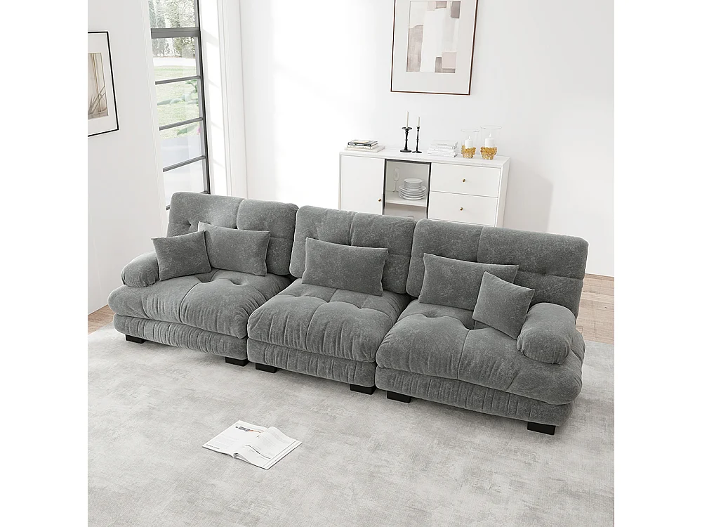 Canapé d'angle, trois places, tissu doux, rembourré, gris