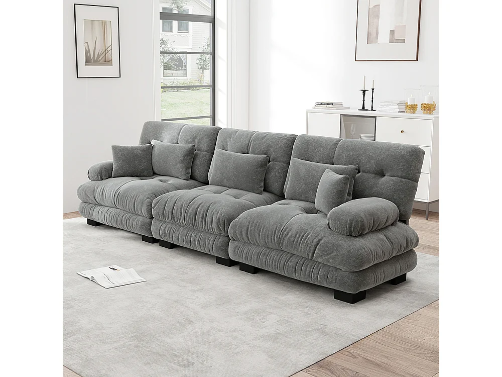 Canapé d'angle, trois places, tissu doux, rembourré, gris