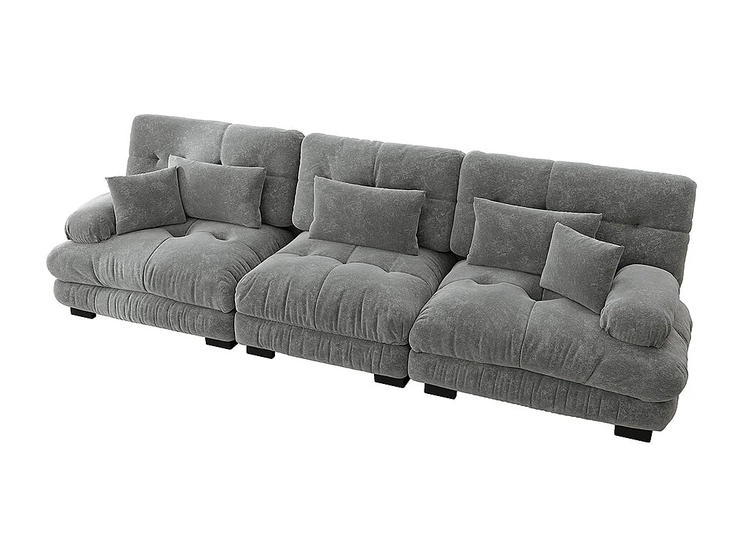 Canapé d'angle, trois places, tissu doux, rembourré, gris