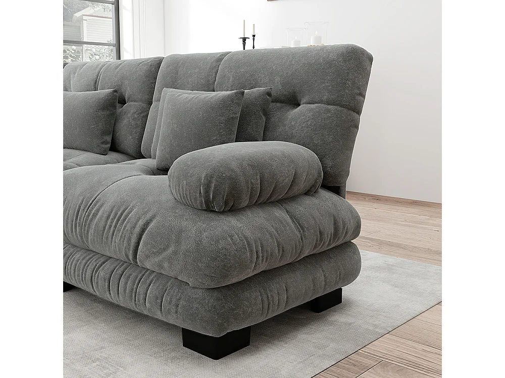 Canapé d'angle, trois places, tissu doux, rembourré, gris
