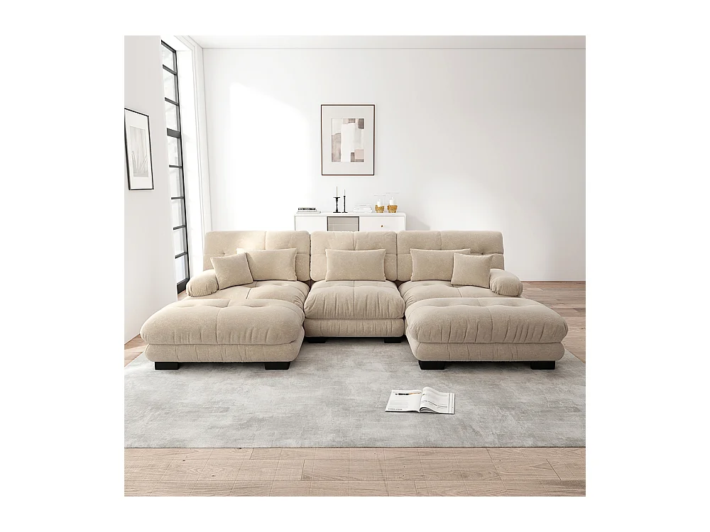 Canapé nuage extra-large en forme de U, canapé-lit convertible avec repose-pieds, chenille, beige
