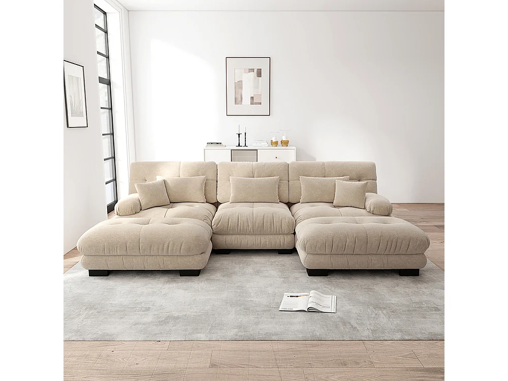 Canapé nuage extra-large en forme de U, canapé-lit convertible avec repose-pieds, chenille, beige