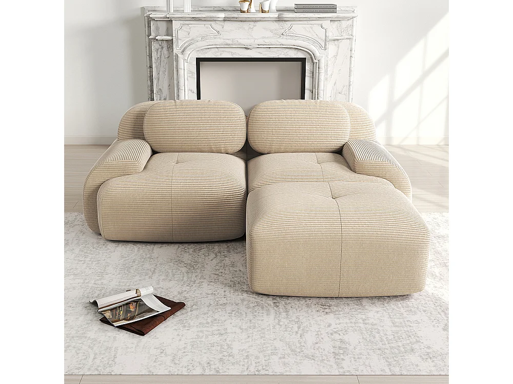 Modulaire hoekbank van zacht fluweel van 82 inch, met gebogen armleuningen, gevuld met zeer veerkrachtig schuim, beige.