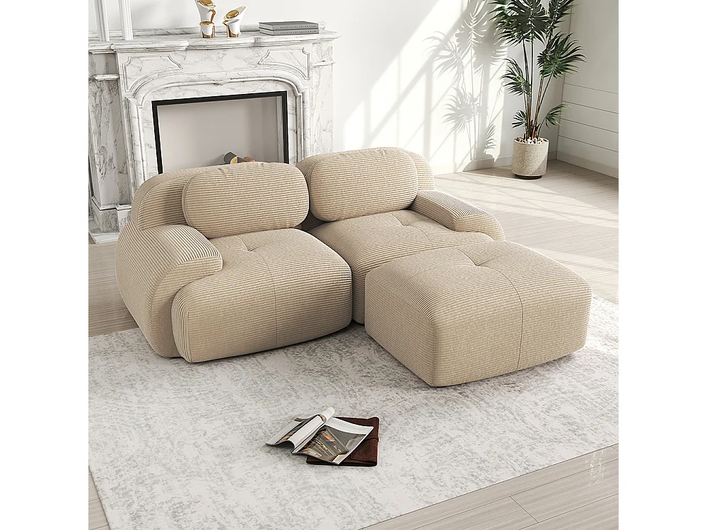 Modulaire hoekbank van zacht fluweel van 82 inch, met gebogen armleuningen, gevuld met zeer veerkrachtig schuim, beige.