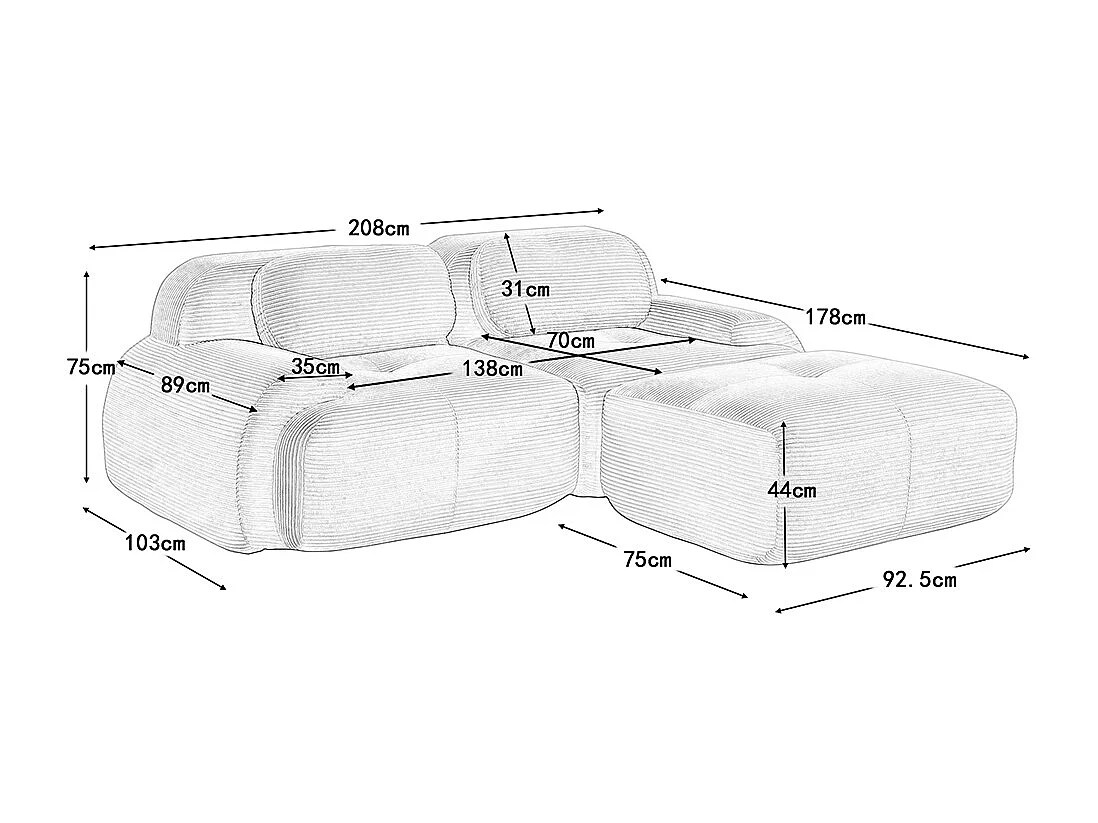 Modulaire hoekbank van zacht fluweel van 82 inch, met gebogen armleuningen, gevuld met zeer veerkrachtig schuim, beige.