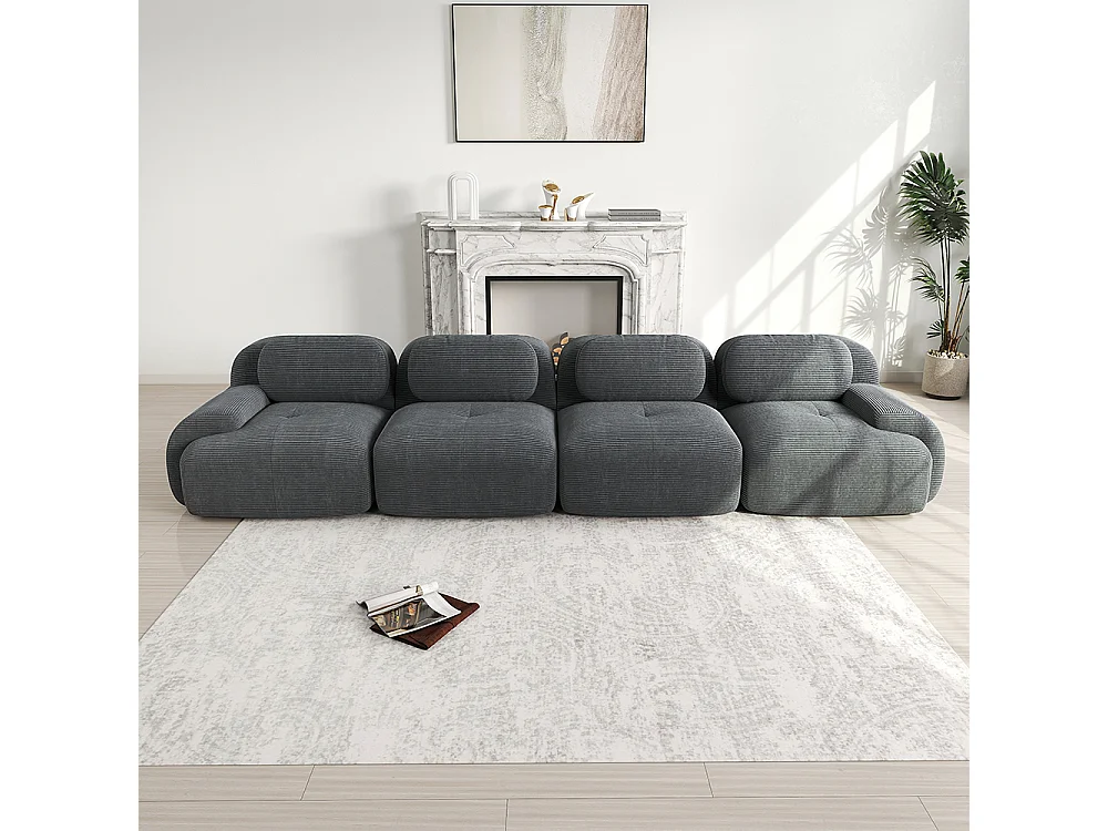 Vierzitsbank, geribbeld fluweel, hoogwaardige 32D-vulling, ergonomisch ontwerp, vacuüm verpakt, grijs.