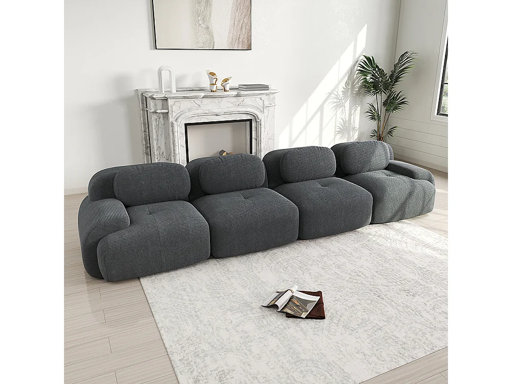 Vierzitsbank, geribbeld fluweel, hoogwaardige 32D-vulling, ergonomisch ontwerp, vacuüm verpakt, grijs.