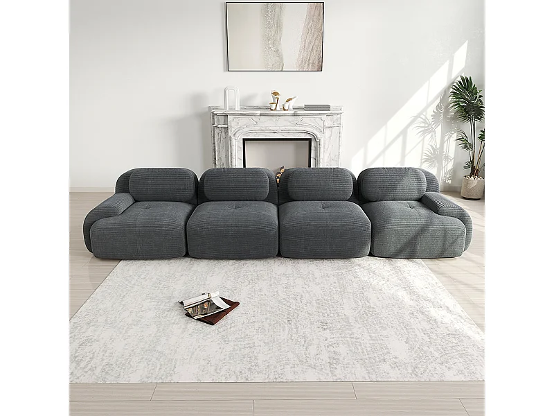 Vierzitsbank, geribbeld fluweel, hoogwaardige 32D-vulling, ergonomisch ontwerp, vacuüm verpakt, grijs.