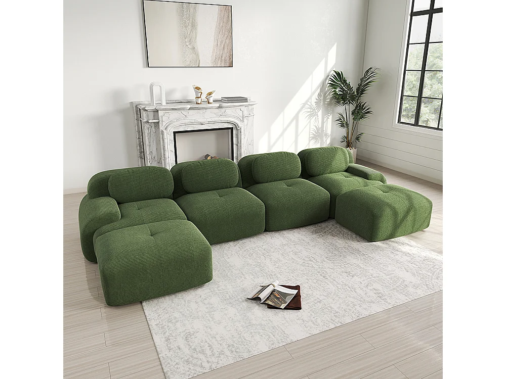 Canapé en U, velours côtelé respirant, rembourrage haute résilience 32D, accoudoirs extra-larges, design ergonomique, vert.