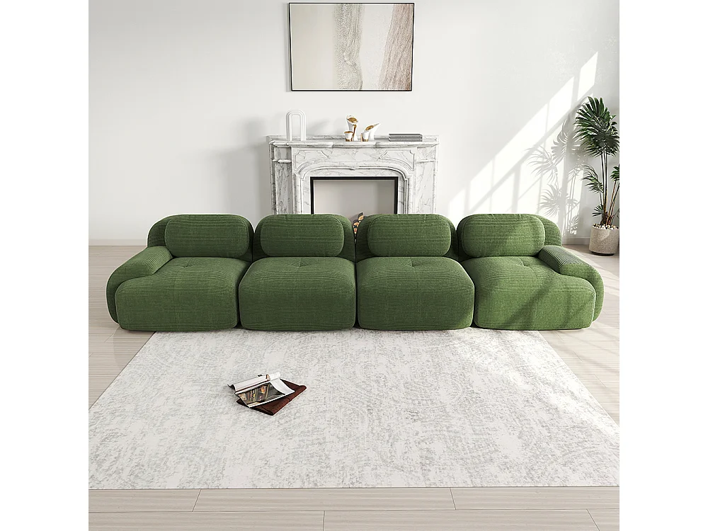 Vierpersoonsbank, geribbeld fluweel, hoogwaardige 32D-vulling, ergonomisch ontwerp, vacuüm verpakt, groen.